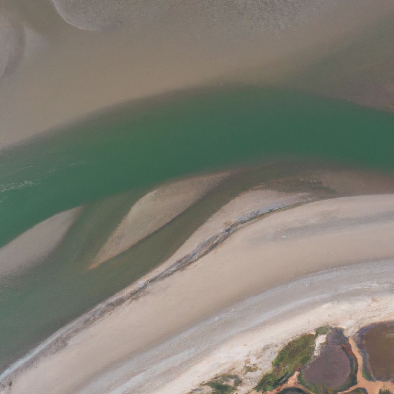 Aerial view of river sand deposits meeting tidal water.