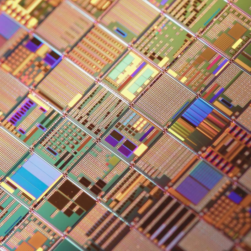 Close-up of a silicon wafer showing iridescent surface patterns.